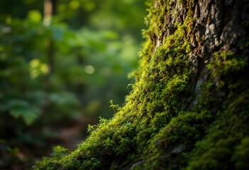 A close-up view of a moss-covered tree trunk in a forest, with blurred foliage in the background