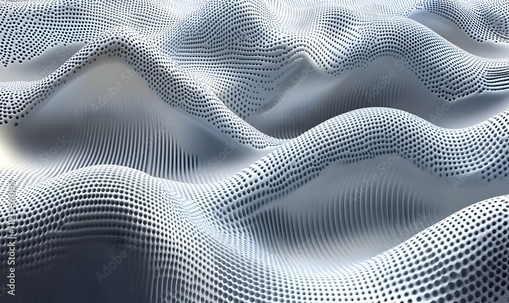 Poster abstract 3d rendered image of undulating textured surface with perforated pattern, evoking technolog
