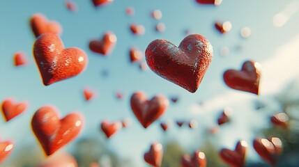 Fototapeta premium Valentine's Day Celebration with Falling Red Hearts in the Sky Abstract Art Romantic Environment Whimsical Perspective