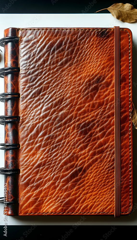 Poster top view of a brown leather bound notebook with a textured cover and elastic closure.