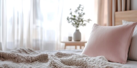 Cozy pink pillow and knitted blanket creating romantic valentine atmosphere in bedroom, banner with copy space