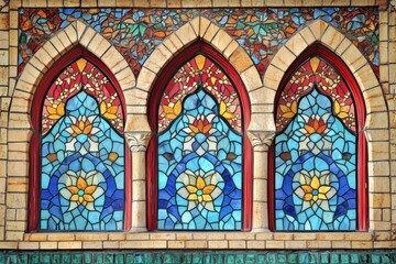 Obraz premium Three Arched Stained Glass Windows with Floral Motifs