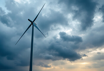 A large wind turbine standing tall against a dramatic, stormy sky with dark clouds