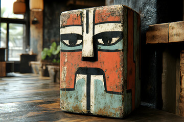 Weathered rectangular mask with geometric patterns, rests on wooden surface.