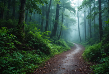 Fototapeta premium A misty forest path winding through a dense, lush green forest with tall trees and thick foliage, creating an atmospheric and mysterious scene