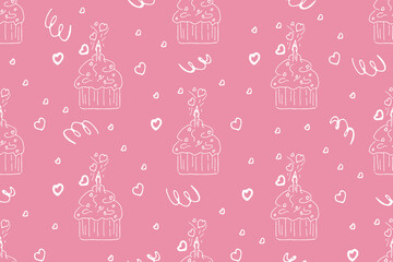 Cute seamless pattern in the form of a festive cake with candle hearts, great for Valentine's Day, Birthday, Women's Day, weddings, Mother's Day - packaging, textiles, banners, backgrounds.
