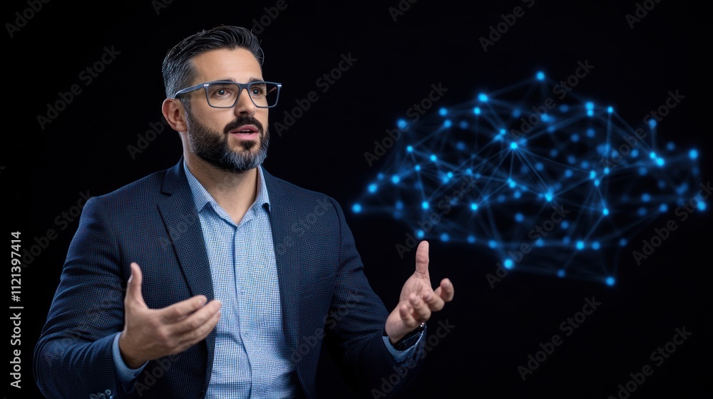 Poster professional man discussing technology with a digital network backdrop.