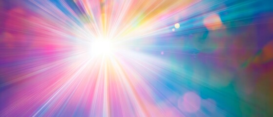 Obraz premium An abstract light burst design features radiating beams in pastel colors, creating a ethereal sunburst effect with pink, purple, blue, and turquoise hues blending together. Generative AI