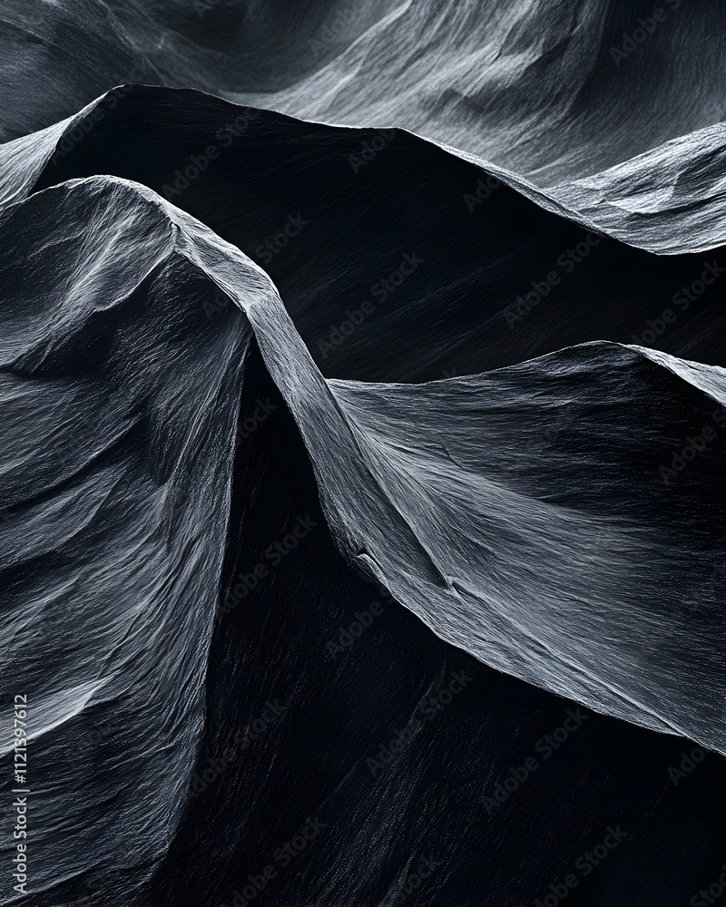 Poster abstract grayscale image of swirling rock formations in a canyon, showing texture and shadows.