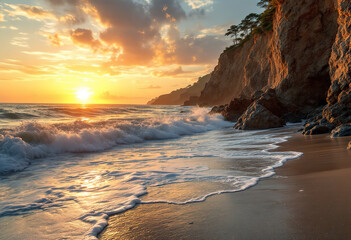 A scenic beach with rocky cliffs, waves crashing on the shore, and the sun setting over the water