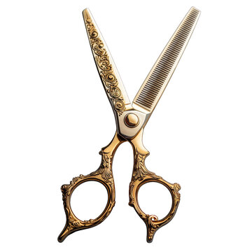 Decorative gold scissors with comb edge for hairstyling isolated on transparent background png