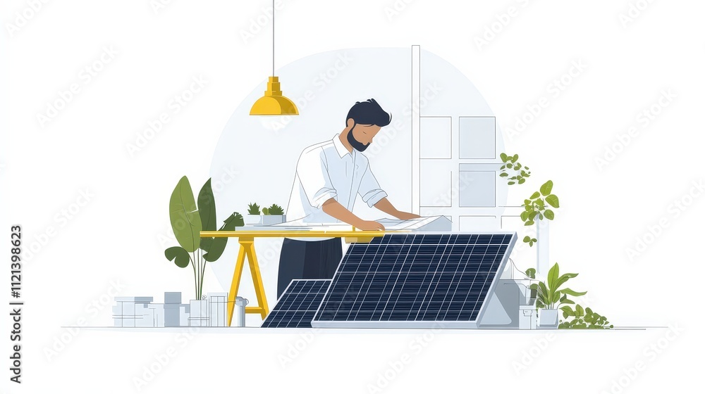 Poster designer working on blueprint for innovative sustainable building concepts with solar panels and gre