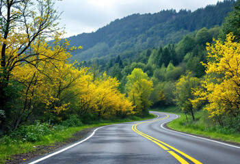 Fototapeta premium A winding road through a lush, green forest with yellow flowers blooming on the trees along the side of the road