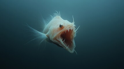 An eerie deep sea fish with sharp teeth and translucent spines floats menacingly in the dim blue water, capturing the mysterious depth of the ocean.