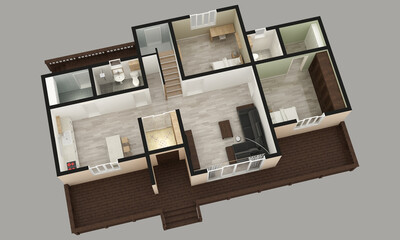 3d isomatric rendering three rooms plan gray background
