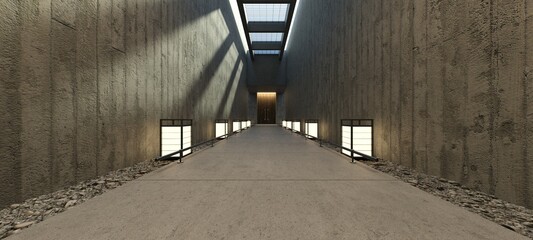 A corridor with a concrete ceiling and walls, lit by a skylight and wall lamps. The floor is paved with concrete and small stones. 3D illustration.