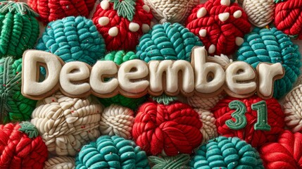 Playful holiday spirit  felt text  december 31  on a whimsical red and green background