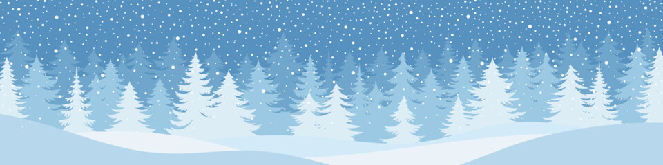 Winter landscape, forest and snowdrifts, snowfall, vector illustration