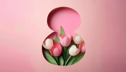 Fototapeta premium Elegant 8 March Women's Day Tulip Arrangement with Pink Cutout Silhouette and Copy Space. Perfect for Celebrating Spring, Feminine Beauty, and Empowerment in Greeting Cards, Posters, and Ads