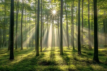 Obraz premium Misty forest with sun rays