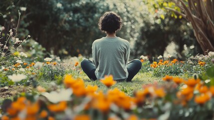 A person meditatively sits in a sunlit garden, surrounded by vibrant orange flowers, embracing tranquility and nature's beauty.