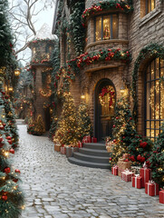 Fototapeta premium Festive Christmas street scene with decorated houses, trees, and gifts.