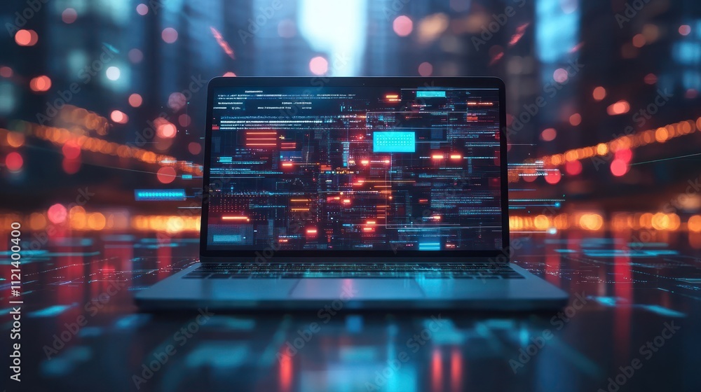 Poster laptop with glowing coding interface against a blurred city background.