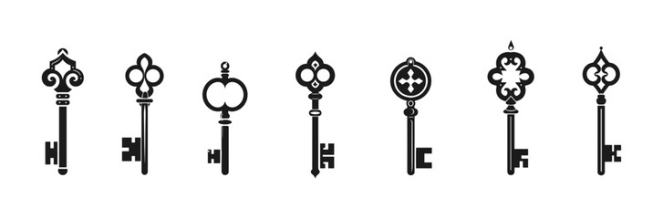 antique key icon set, isolated vector
