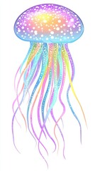 Iridescent jellyfish glowing underwater with fantasy cityscape backdrop