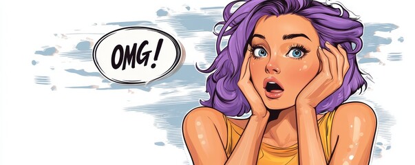 Pop art style illustration of a surprised woman with purple hair and OMG speech bubble