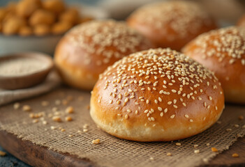 Sesame seed buns, freshly baked with a golden brown crust and sprinkled with sesame seeds