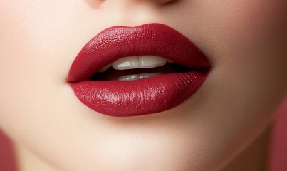 Fototapeta premium Close-up of full, glossy lips with deep red lipstick.