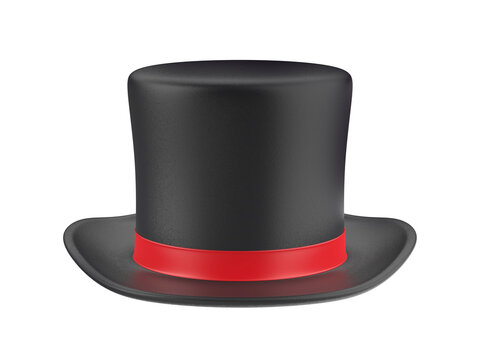 Black top hat with red ribbon on transparent background