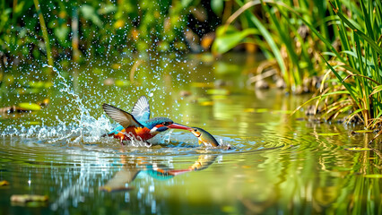 Colorful Kingfisher Diving Into A Pond