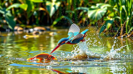 Colorful Kingfisher Diving Into A Pond