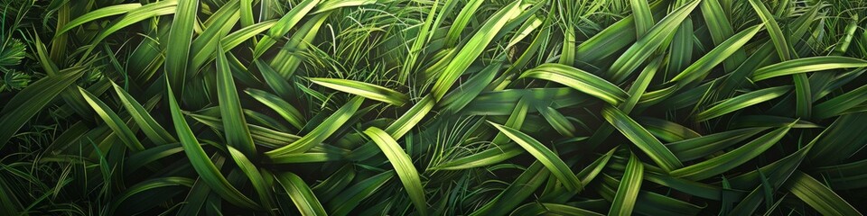 Obraz premium Green blades of grass overlap densely, creating a textured pattern. Concept of nature and growth. For background or botanical themes.