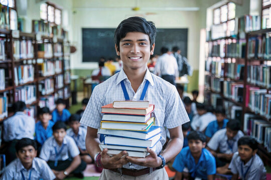 Confident Indian Student in Traditional Uniform Holding Books in a Lively Library
