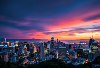 Fototapeta premium A cityscape of a large metropolitan area at night, with a colorful sunset sky in the background