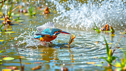 Colorful Kingfisher Diving Into A Pond
