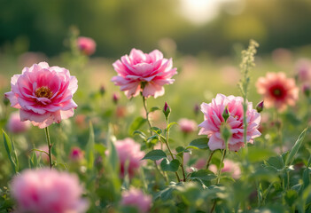 A close-up of pink rose flowers blooming in a grassy field