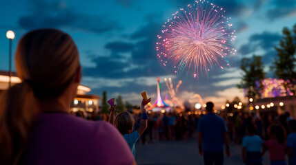 A crowd gathered in a park under a night sky filled with colorful fireworks, families waving small flags, and a festive atmosphere.