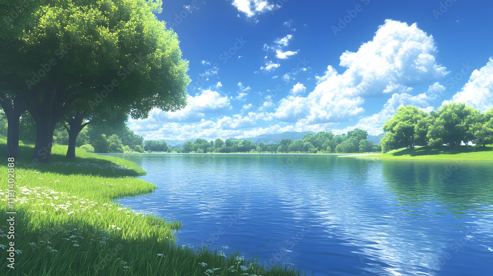 Poster a serene landscape featuring a calm lake surrounded by lush greenery and bright blue skies dotted wi