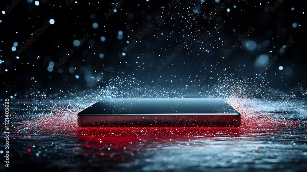 Poster a sleek, modern device surrounded by splashes of water, illuminated in a moody atmosphere, showcasin