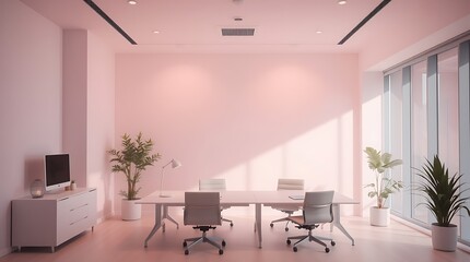 Fototapeta premium Serene Pink Office Space: Sunlight streams into a minimalist office, bathed in soft pink hues. Modern furniture, potted plants, and large windows create a calm and productive atmosphere. 