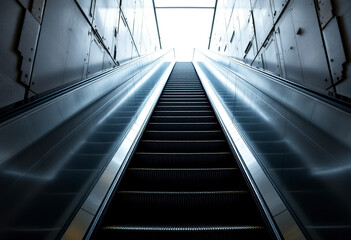 A long escalator with a silver metallic finish, leading up to a bright, illuminated space above