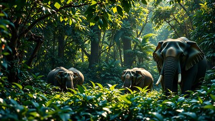 Family Of Elephants Walking Through A Lush Green Jungle