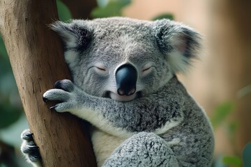 Obraz premium Koala sleeping in eucalyptus tree