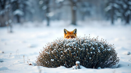 Striking Red Fox Peeking Out From Behind A Bush