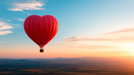 Fototapeta premium A heart-shaped hot air balloon floating over a countryside at sunrise.
