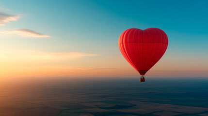Obraz premium A heart-shaped hot air balloon floating over a countryside at sunrise.
